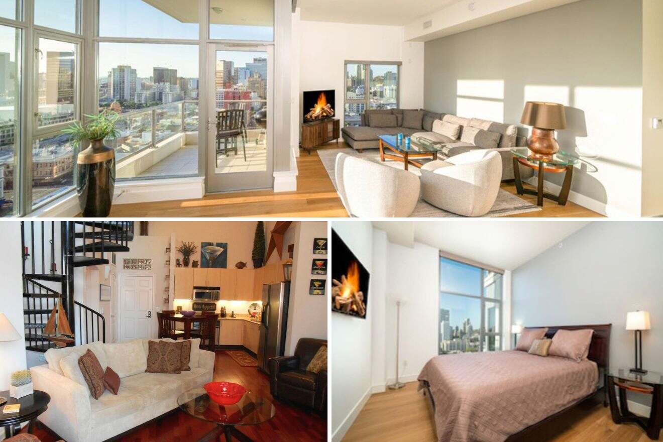 collage with lounge area with city view and terrace, bedroom and lounge with kitchenette