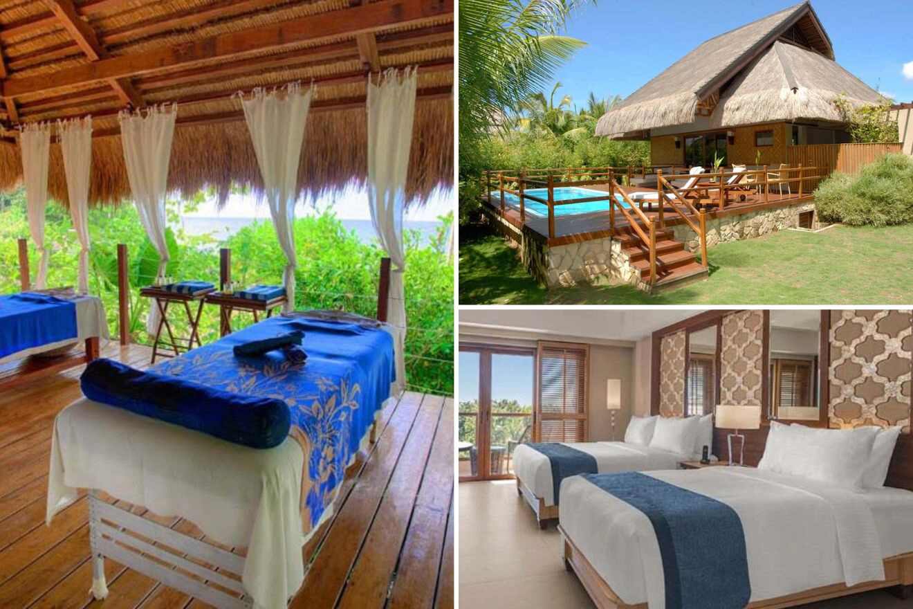 collage with bedroom, bungalow and SPA