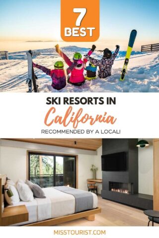 A collage of two photos: people sitting in the snow raising hands, and hotel room