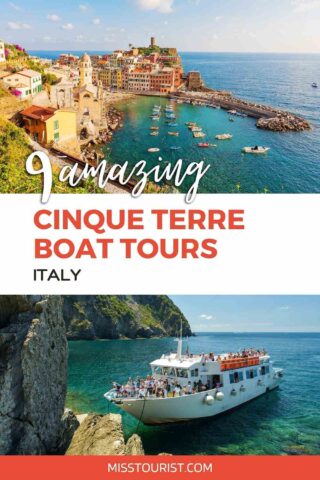 collage with boat with tourists in Cinque Terre and landscape