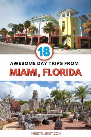 A collage of two photos: a street and Coral Castle museum