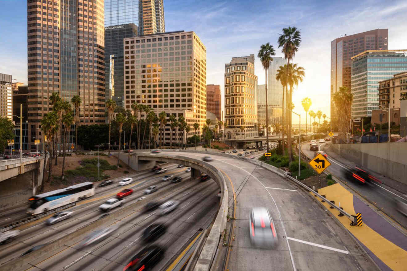 Los Angeles highway and building at sunset