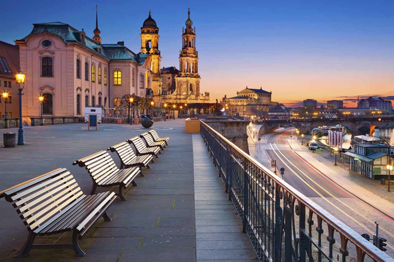 View of Dresden cathedral and seats at sunset