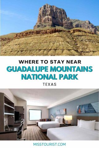 collage with a landscape from Guadalupe mountains national park and hotel bedroom