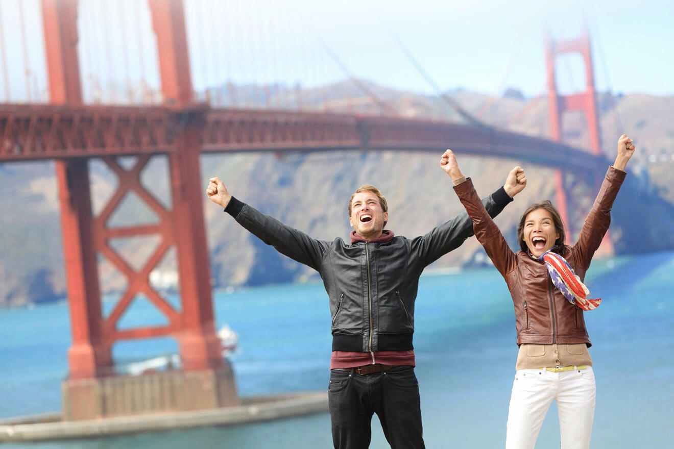 Happy couple near Golden Gate Bridge - California