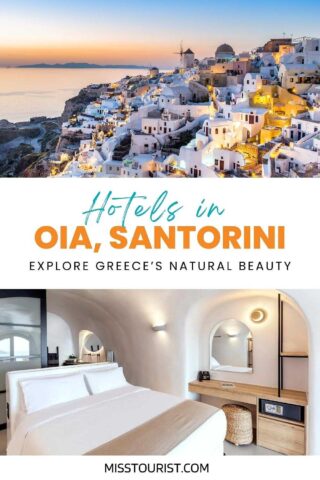 collage with Santorini landscape and bedroom of a hotel