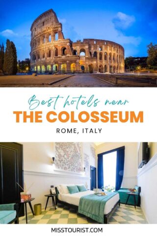 Collage of two photos: Colosseum and hotel room
