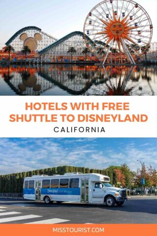 collage with Disneyland shuttle bus and image from Disneyland
