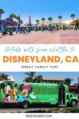 collage with Disneyland shuttle bus and California landscape