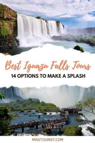 a collage of two photos: view of Iguazu falls and people looking at the falls