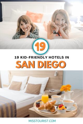 A collage of two photos: two kids laying on bed, and hotel bedroom