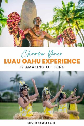 A collage of two photos: a statue with floral garlands, and luau dancers