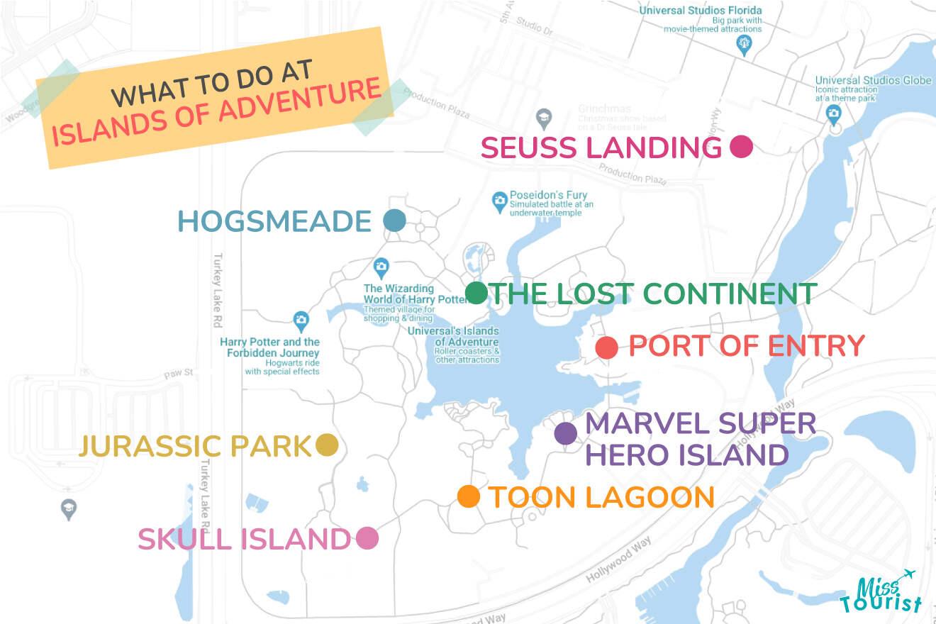 Map of attractions at Islands of Adventure