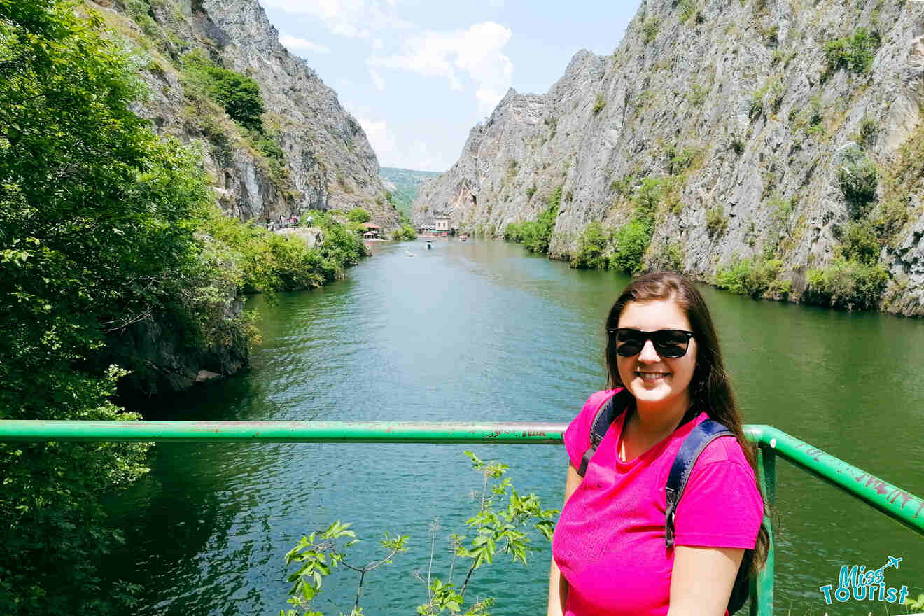 A girl with Matka Canyon in the background