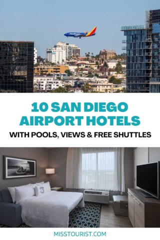 A collage of two photos: an airplane flying over San Diego and hotel bedroom