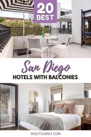 A collage of two photos: hotel balcony and bedroom