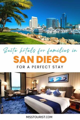 collage with San Diego landscape and a hotel bedroom