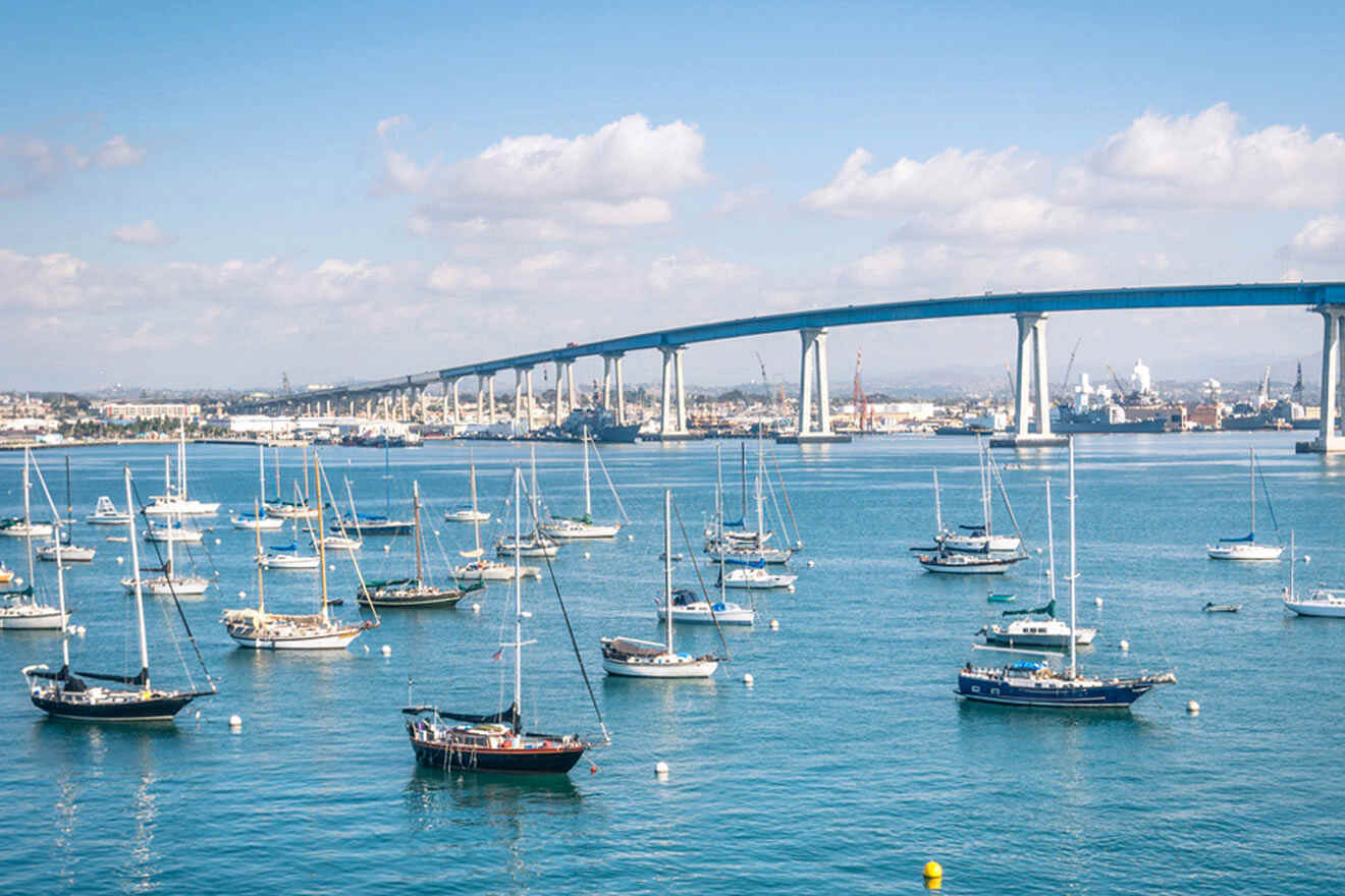 San Diego waterfront with sailing boats - Industrial harbor and Coronado Bridge
