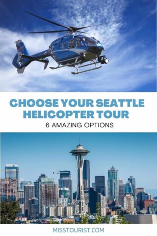 A collage of two photos: helicopter, and Seattle skyline