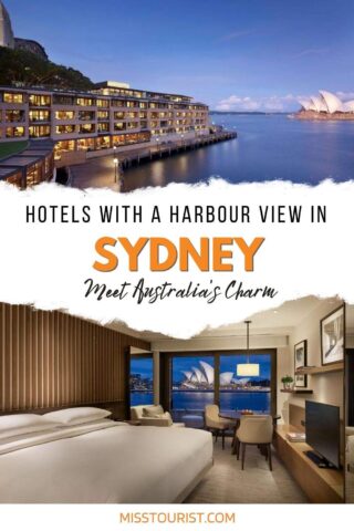 collage with landscape in Sydney and a hotel's bedroom