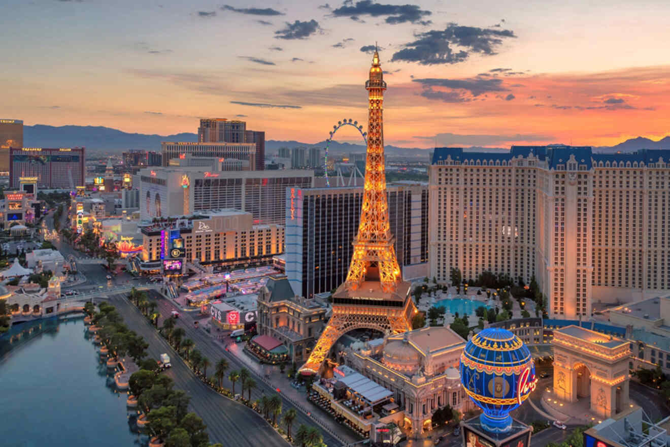 aerial view over themed hotels in Las Vegas