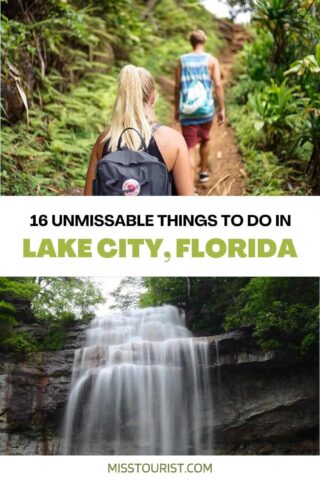 collage with people hiking and a waterfall