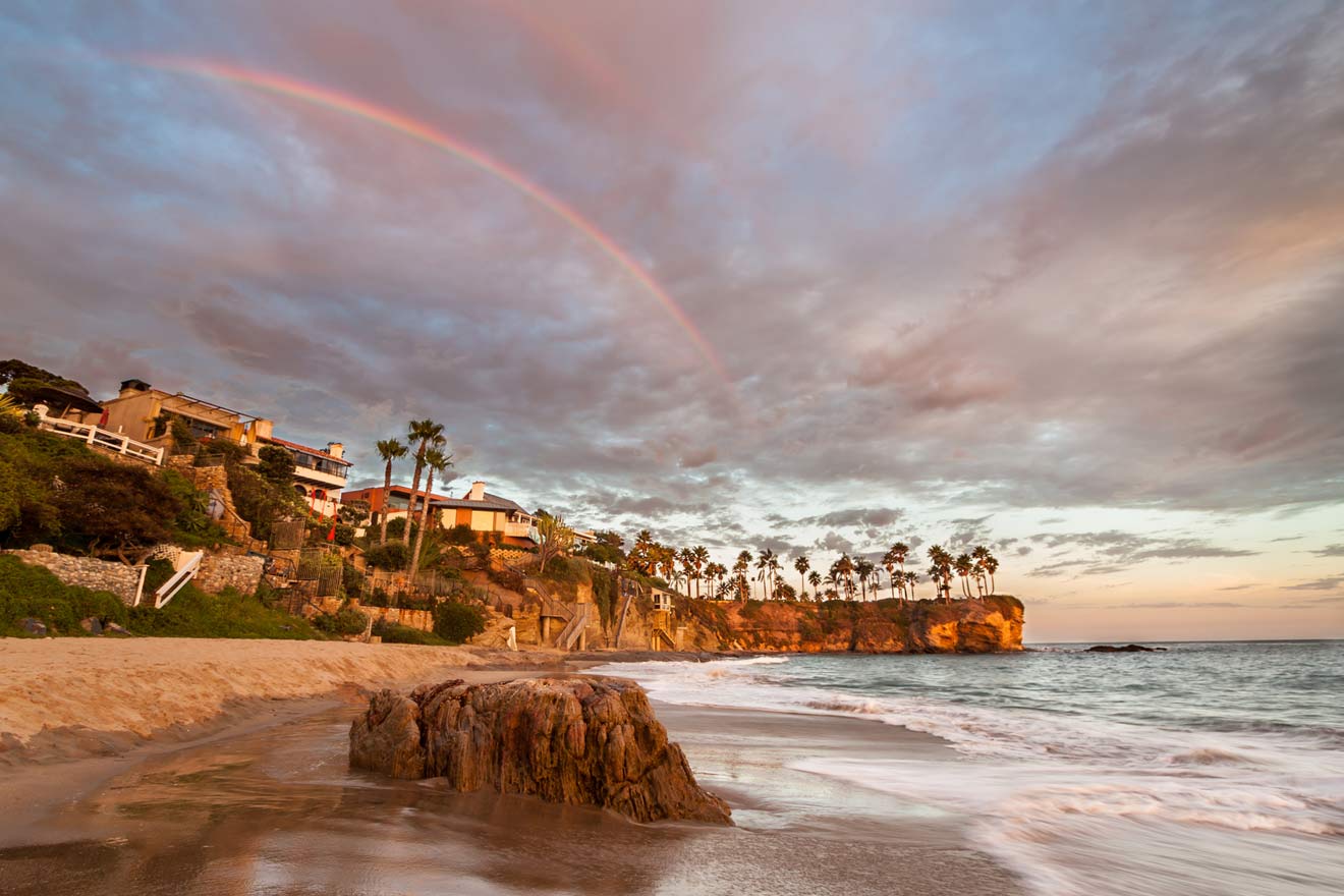 landscape from Crescent Bay Beach with a rainbow on the sky