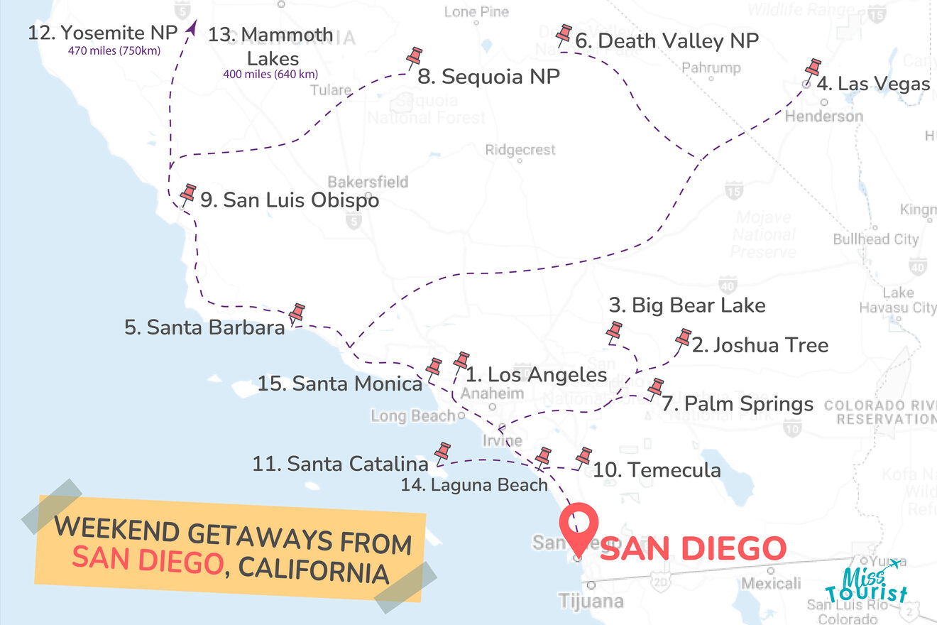 Weekend getaways from San Diego map