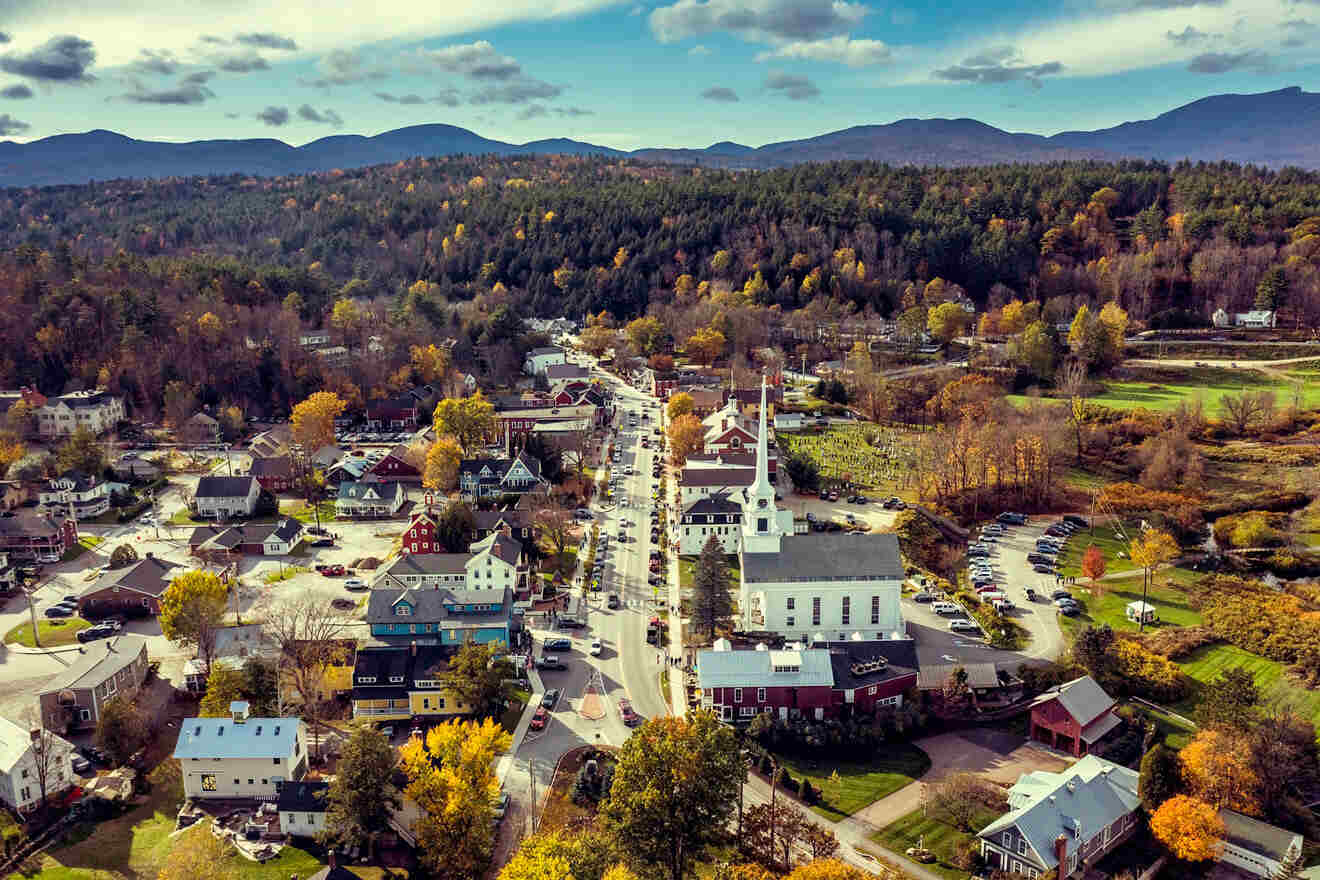 aerial view over Stowe Vermont