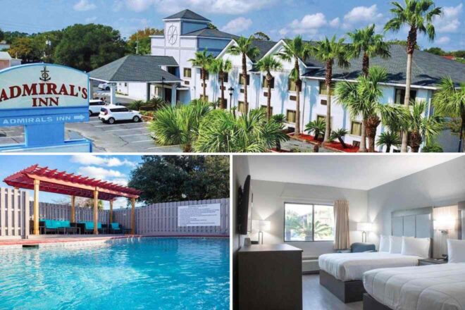collage with a hotel with a bedroom, a swimming pool, hotel's building view with palm trees