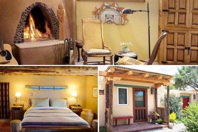 a collage of photos of a bedroom, fireplace, and house