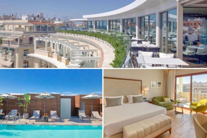 A collage of three hotel photos to stay in Greece: a rooftop hotel view showcasing curved architecture and dining areas, a bright bedroom with modern amenities and large windows, and a relaxing poolside with wooden loungers under the clear blue sky.