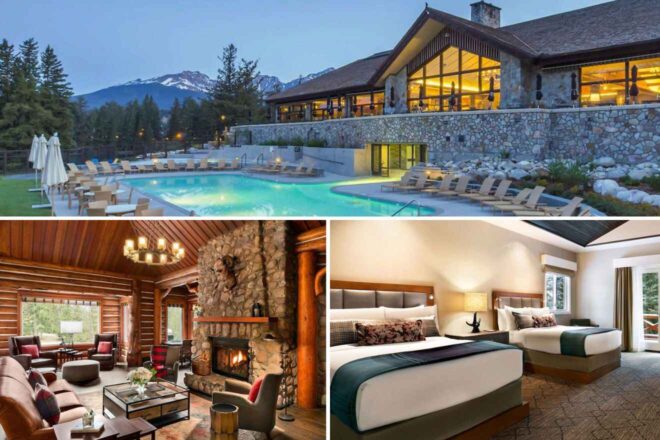 a collage of photos of a house and a pool, lounge with fireplace and a bedroom