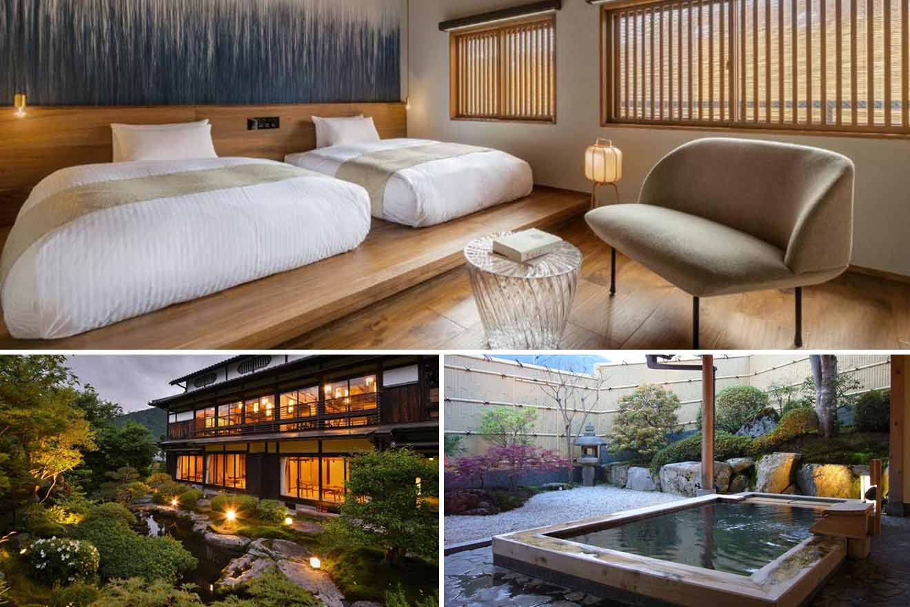 collage of 3 images of a ryokan: bedroom, outside view of the garden and building, private onsen