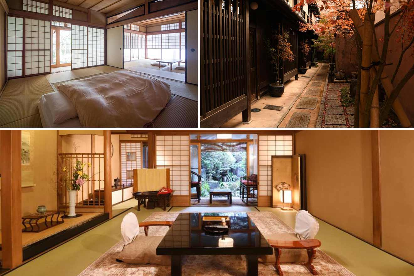 collage of 3 images of a ryokan: bedroom, outdoor garden and tables with chairs
