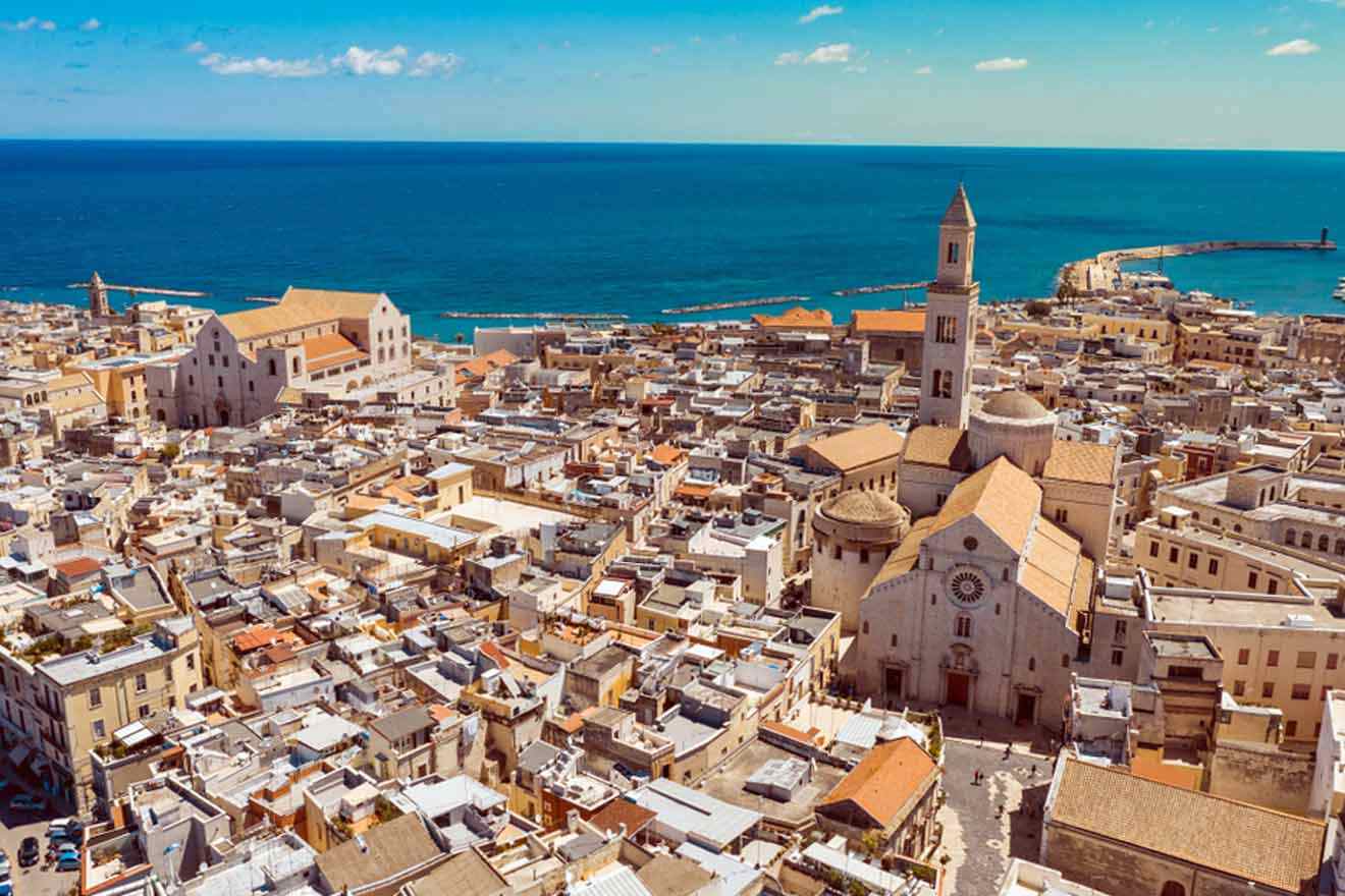 an aerial view of a city by the ocean