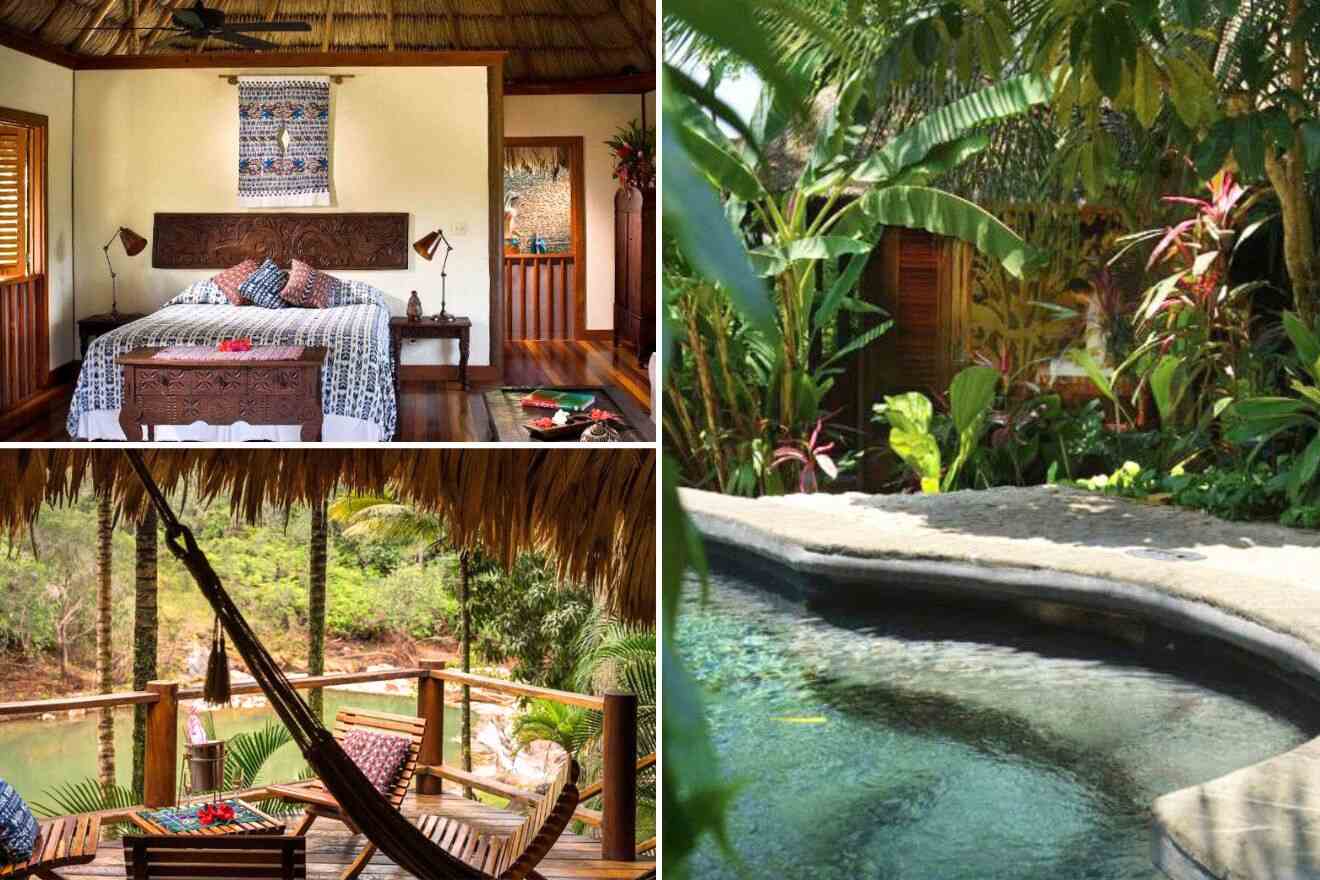 a collage of a bedroom, terrace near the water and a pool