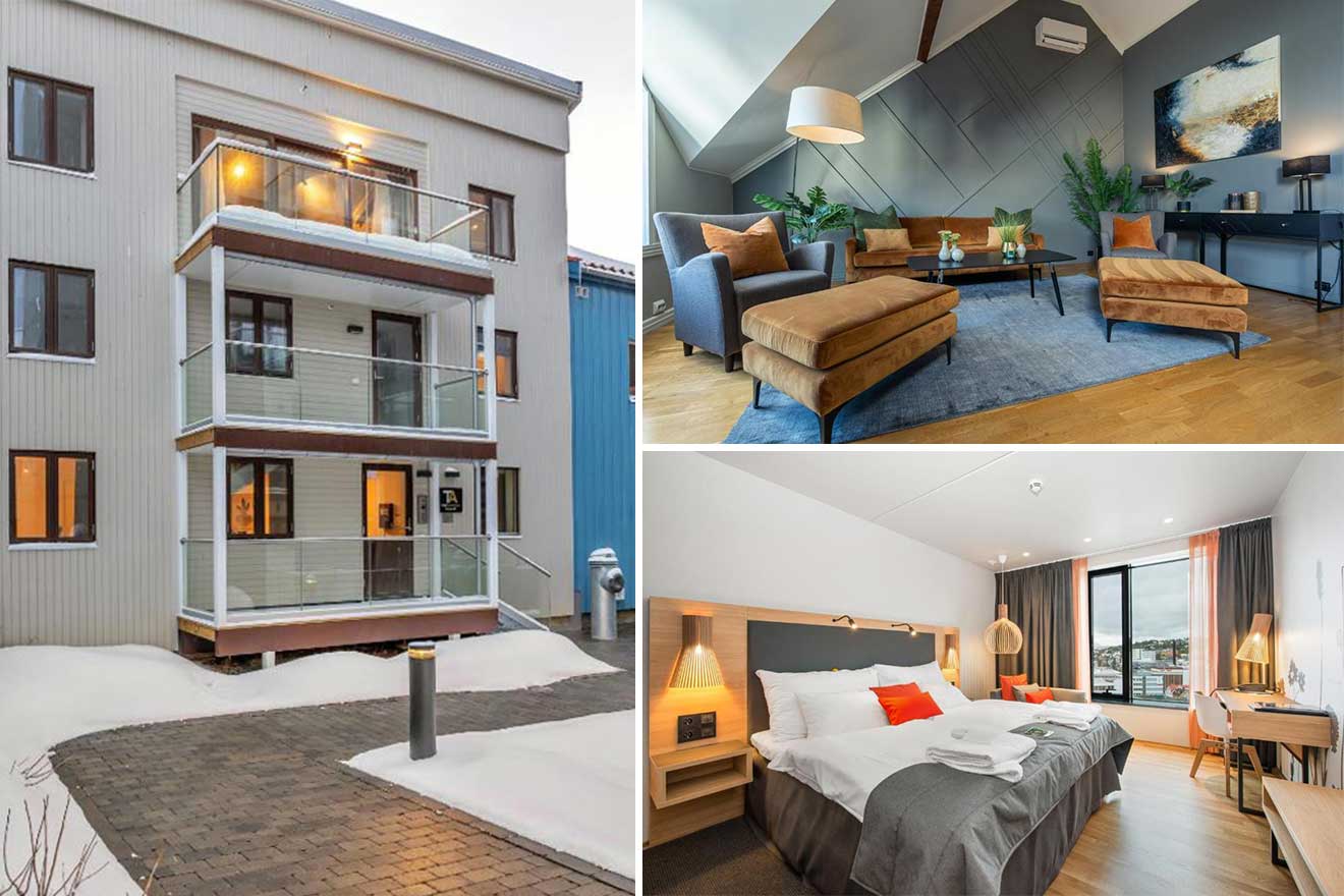 collage of 3 images with: hotel's building, bedroom and lounge area