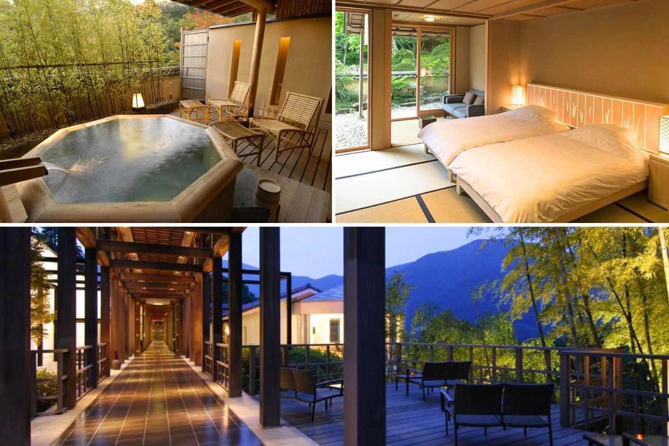 collage of three images: a private onsen, a bedroom and common area with lounge on the terrace