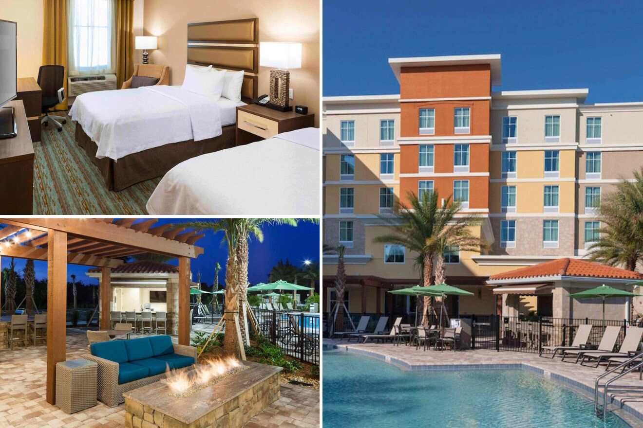 collage of a hotel with a pool, bedroom and outdoor lounge next to a firepit