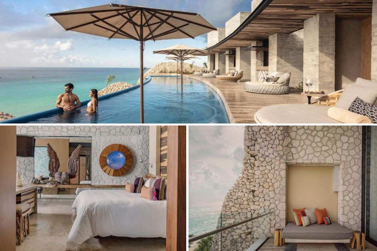 Collage of three hotel pictures: resort with a pool, bedroom and a lounge on the terrace