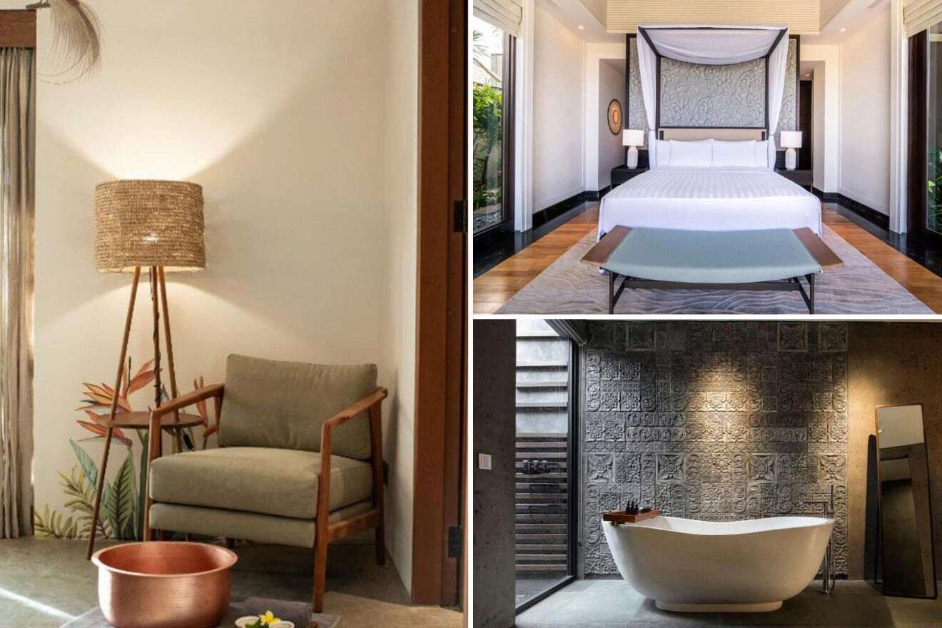 Collage of three hotel pictures: seating area, bedroom, and hot tub