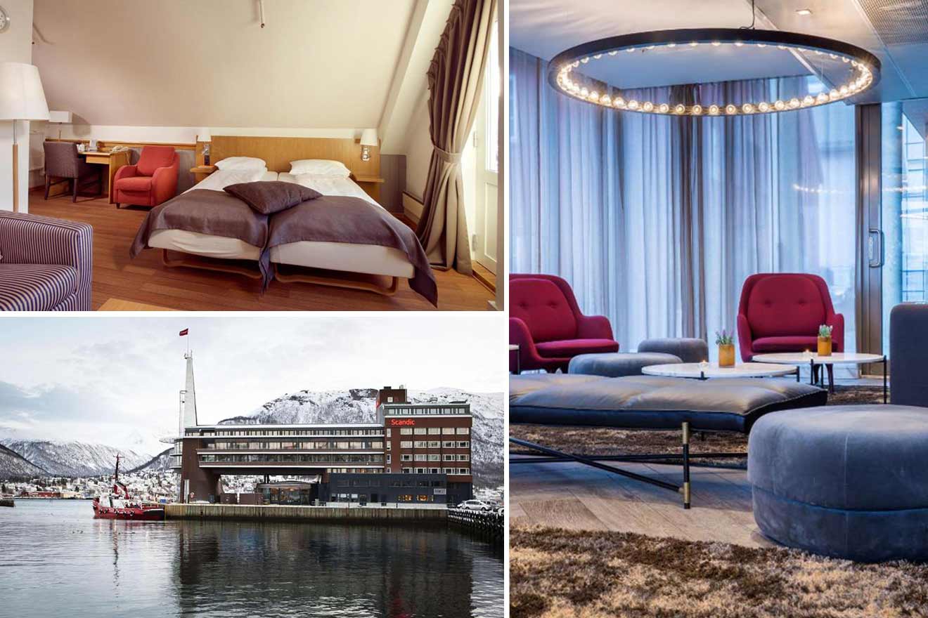 collage of 3 images with: hotel's building by the water, bedroom and lounge area