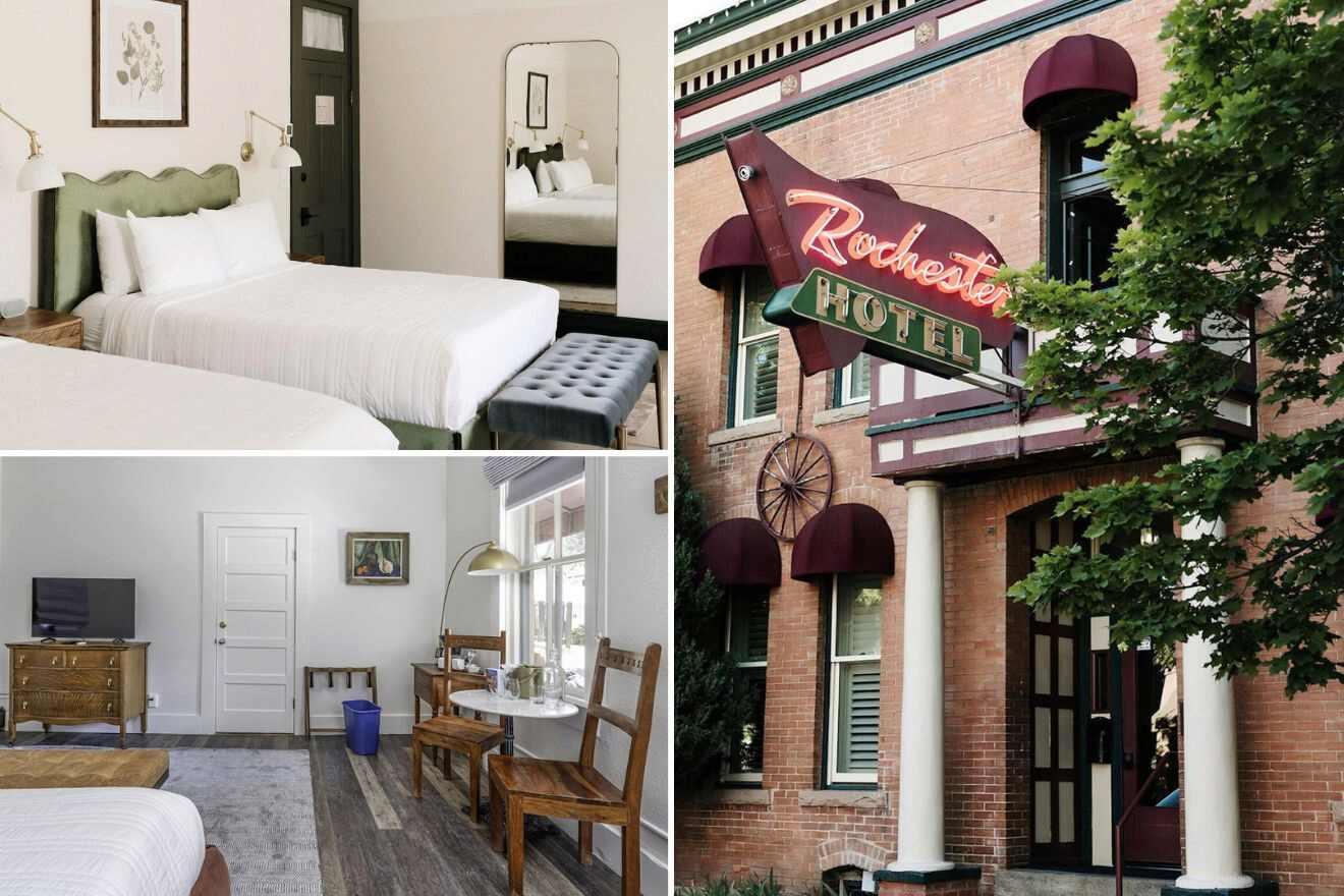collage of three images with: room details, bedroom and hotel's building
