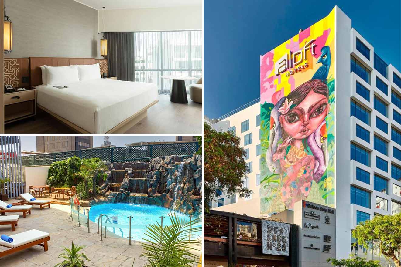 collage of three hotel photos in Miraflores: bedroom, outdoor pool, and mural on hotel exterior