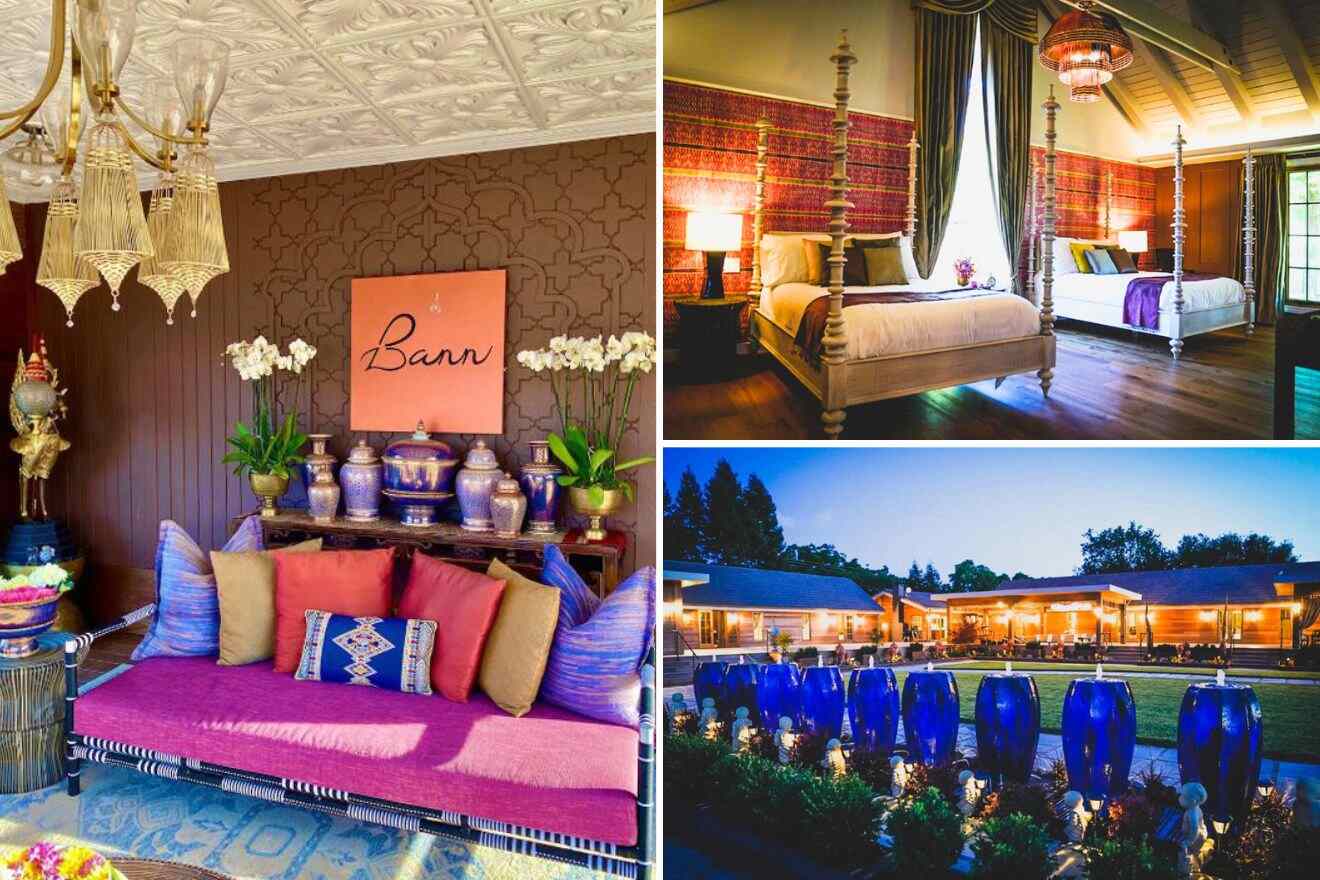 collage of a hotel with a view of the hotel's garden, bedroom and a sitting area