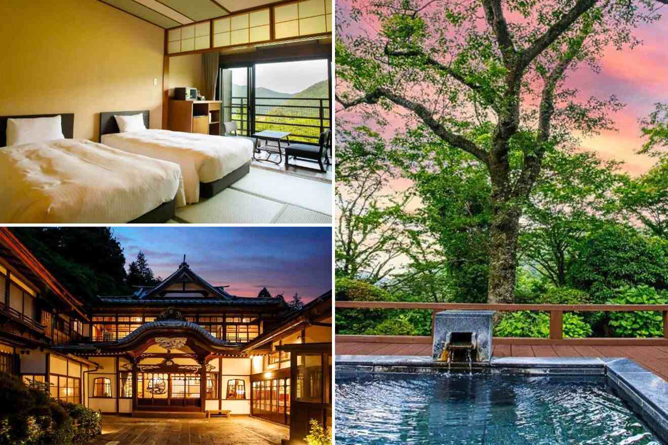 collage of three images: a private onsen, a bedroom and outside building