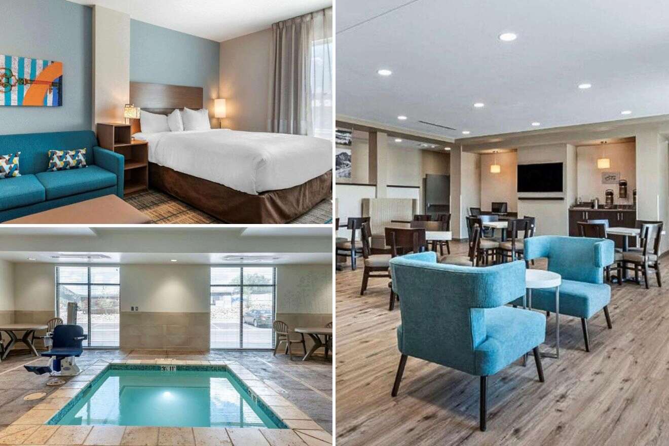 collage of three images with: a pool, bedroom and dining area