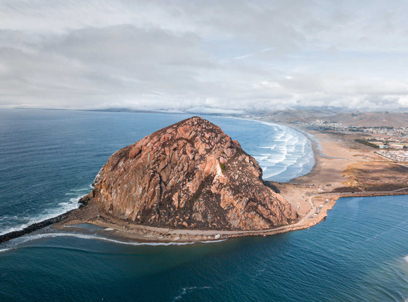 Aerial view of the large rock in Morro Bay