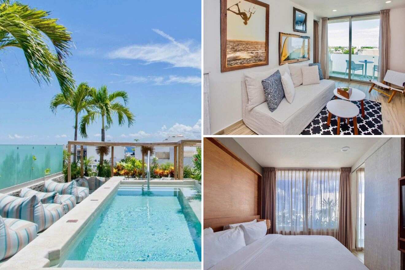 Collage of three hotel pictures: living room, bedroom, and pool